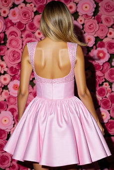 Pink Satin Corset Short Prom Dress with Bow