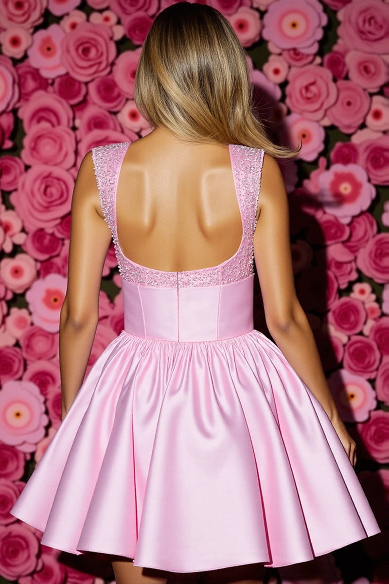 Load image into Gallery viewer, Pink Satin Corset Short Prom Dress with Bow