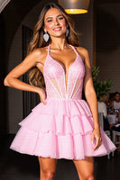 Load image into Gallery viewer, Pink Tulle Tiered Corset Short Prom Dress with Ruffles