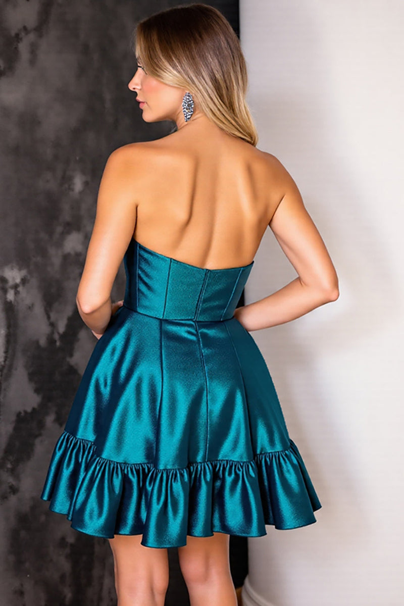 Load image into Gallery viewer, Dark Blue Strapless A Line Satin Short Prom Dress with Ruffles