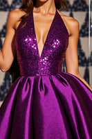 Load image into Gallery viewer, Sparkly Dark Purple Sequin Halter A Line Satin Short Prom Dress