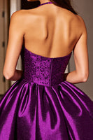 Load image into Gallery viewer, Sparkly Dark Purple Sequin Halter A Line Satin Short Prom Dress