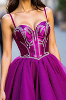 Load image into Gallery viewer, Sparkly Dark Purple Tulle Short Corset Prom Dress with Beading