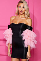 Load image into Gallery viewer, Black and Pink Satin Short Corset Prom Dress with Sleeves