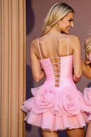 Load image into Gallery viewer, Pink Tulle A Line Short Prom Dress with 3D Flowers