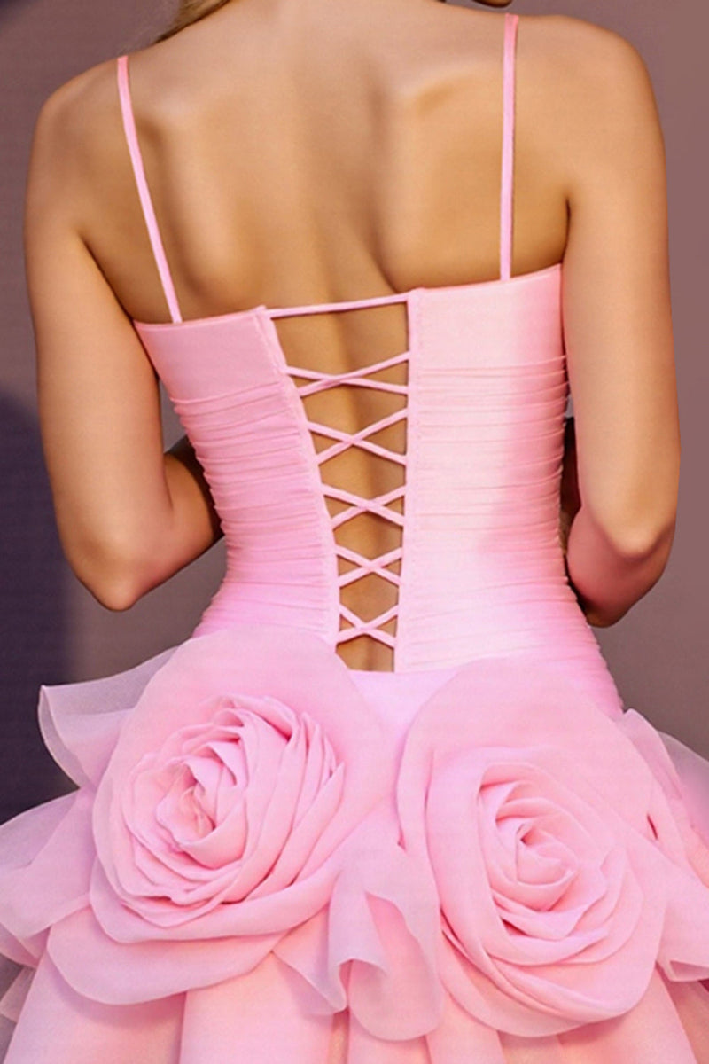 Load image into Gallery viewer, Pink Tulle A Line Short Prom Dress with 3D Flowers