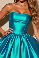 Load image into Gallery viewer, Blue Satin A Line Strapless Corset Short Prom Dress