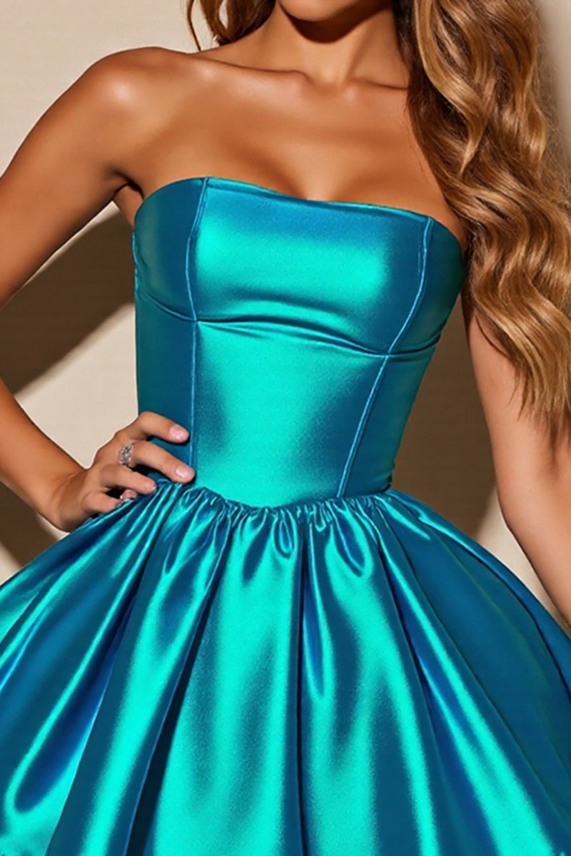 Load image into Gallery viewer, Blue Satin A Line Strapless Corset Short Prom Dress