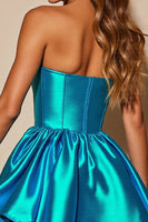 Load image into Gallery viewer, Blue Satin A Line Strapless Corset Short Prom Dress
