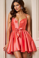 Load image into Gallery viewer, Orange A Line Satin Short Prom Dress with Bow