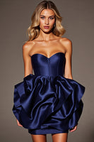 Load image into Gallery viewer, Navy Satin A Line Ruffled Corset Short Prom Dress