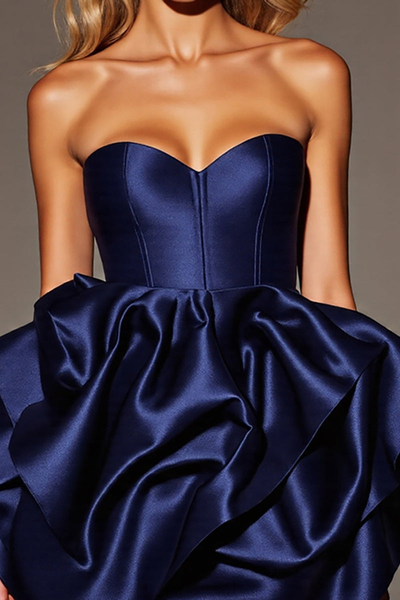 Load image into Gallery viewer, Navy Satin A Line Ruffled Corset Short Prom Dress