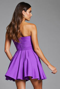 Purple Strapless Floral Satin Short Prom Dress