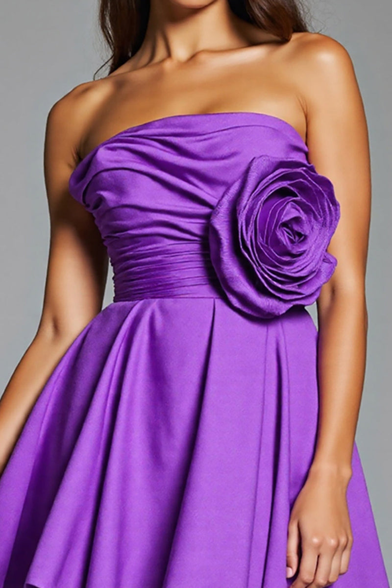Load image into Gallery viewer, Purple Strapless Floral Satin Short Prom Dress