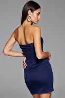 Load image into Gallery viewer, Navy Satin Strapless Bodycon Short Prom Dress with Slit