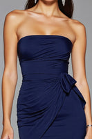Load image into Gallery viewer, Navy Satin Strapless Bodycon Short Prom Dress with Slit