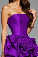 Load image into Gallery viewer, Dark Purple Satin Floral Ruffled Short Prom Dress