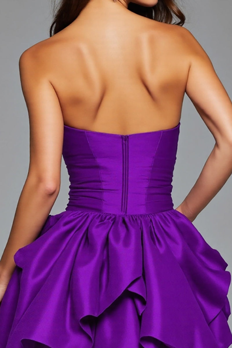 Load image into Gallery viewer, Dark Purple Satin Floral Ruffled Short Prom Dress