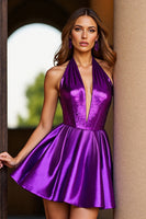 Load image into Gallery viewer, Dark Purple Satin Halter Short Prom Dress with Sequins