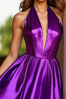Load image into Gallery viewer, Dark Purple Satin Halter Short Prom Dress with Sequins