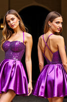 Load image into Gallery viewer, Sparkly Dark Purple Halter Satin Short Prom Dress with Sequins