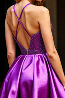 Load image into Gallery viewer, Sparkly Dark Purple Halter Satin Short Prom Dress with Sequins