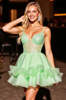 Load image into Gallery viewer, Sparkly Green Beaded Corset Short Prom Dress with Ruffles