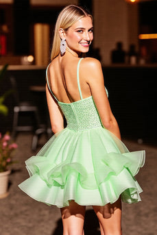 Sparkly Green Beaded Corset Short Prom Dress with Ruffles