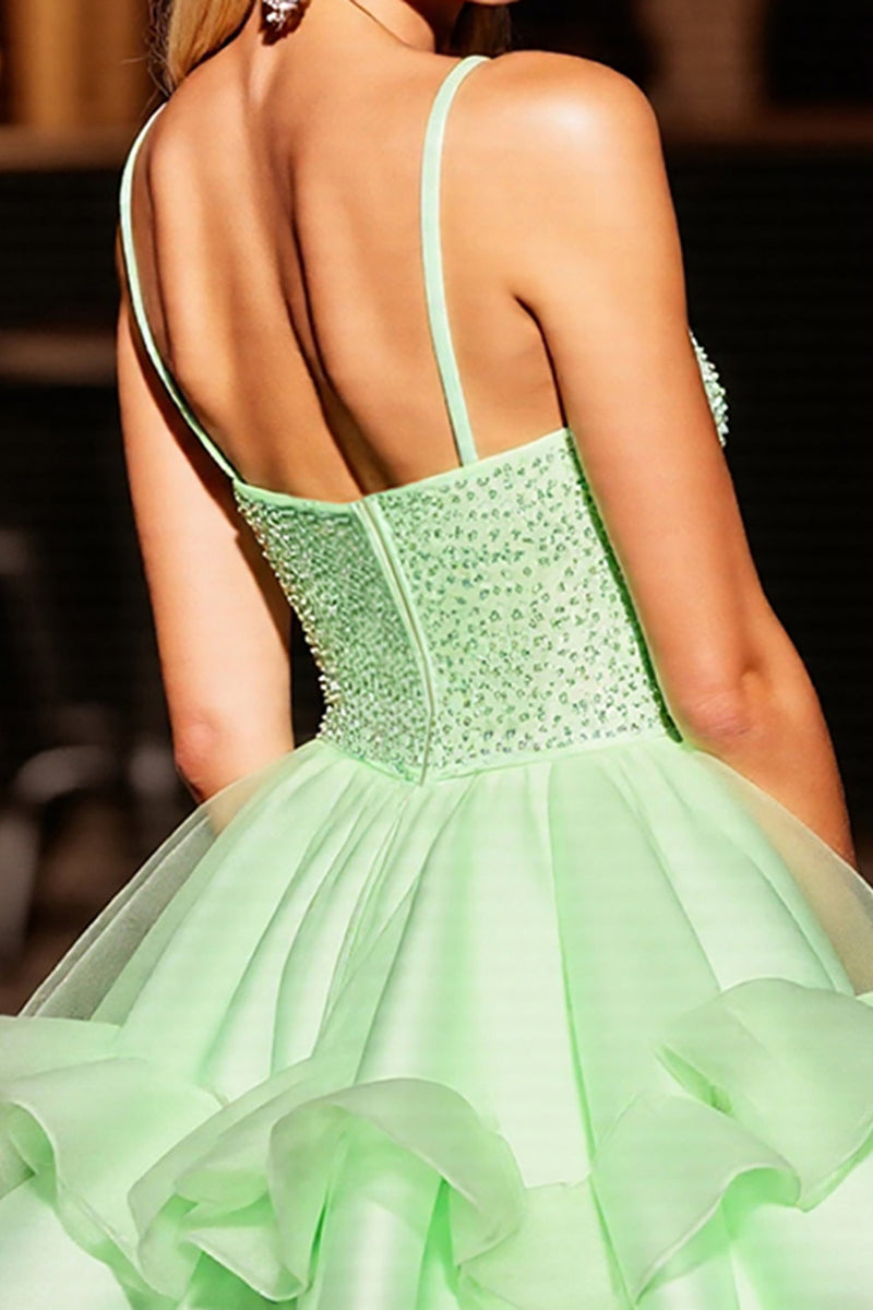 Load image into Gallery viewer, Sparkly Green Beaded Corset Short Prom Dress with Ruffles