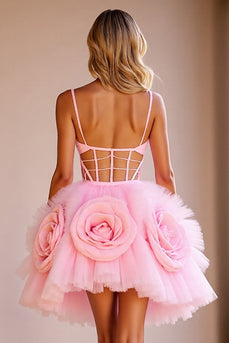 Pink Floral Tulle Cut Out Short Corset Prom Dress