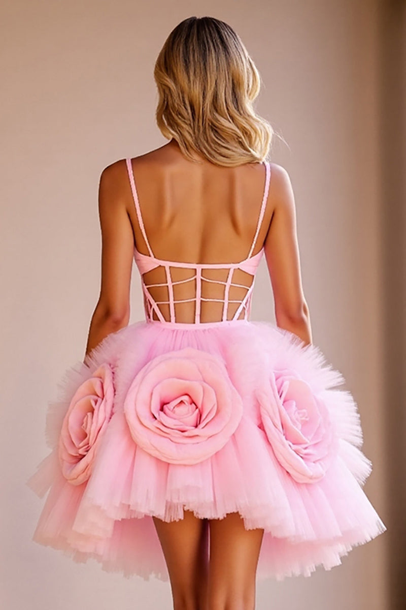 Load image into Gallery viewer, Pink Floral Tulle Cut Out Short Corset Prom Dress
