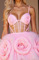 Load image into Gallery viewer, Pink Floral Tulle Cut Out Short Corset Prom Dress