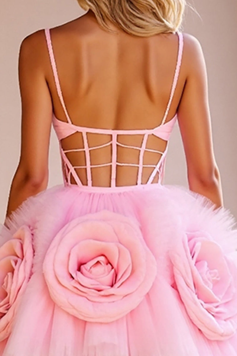 Load image into Gallery viewer, Pink Floral Tulle Cut Out Short Corset Prom Dress