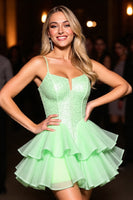 Load image into Gallery viewer, Sparkly Green Ruffled Tulle Corset Short Prom Dress with Beading