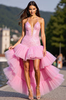 Load image into Gallery viewer, Sparkly Pink Tulle High-Low Ruffled Corset Prom Dress with Beading