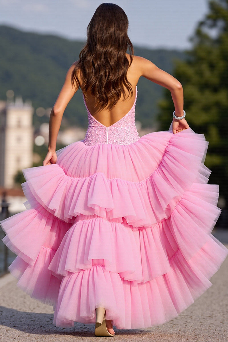 Load image into Gallery viewer, Sparkly Pink Tulle High-Low Ruffled Corset Prom Dress with Beading