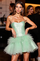 Load image into Gallery viewer, Green A Line Corset Short Prom Dress with Feathers