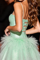 Load image into Gallery viewer, Green A Line Corset Short Prom Dress with Feathers
