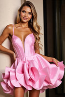 Load image into Gallery viewer, Pink Satin A Line Corset Short Prom Dress with Ruffles