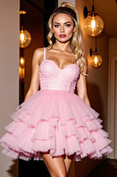 Load image into Gallery viewer, Sparkly Pink Beaded Tulle Ruffled Short Prom Dress
