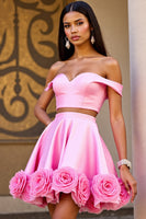 Load image into Gallery viewer, Pink Satin Floral 2 Piece Short Prom Dress