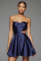 Load image into Gallery viewer, Navy Satin Sweetheart A Line Cut Out Short Prom Dress