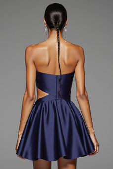 Navy Satin Sweetheart A Line Cut Out Short Prom Dress