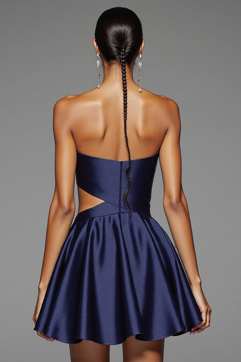 Load image into Gallery viewer, Navy Satin Sweetheart A Line Cut Out Short Prom Dress
