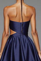 Load image into Gallery viewer, Navy Satin Sweetheart A Line Cut Out Short Prom Dress