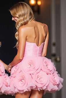 Pink Floral Tulle A Line Corset Short Prom Dress