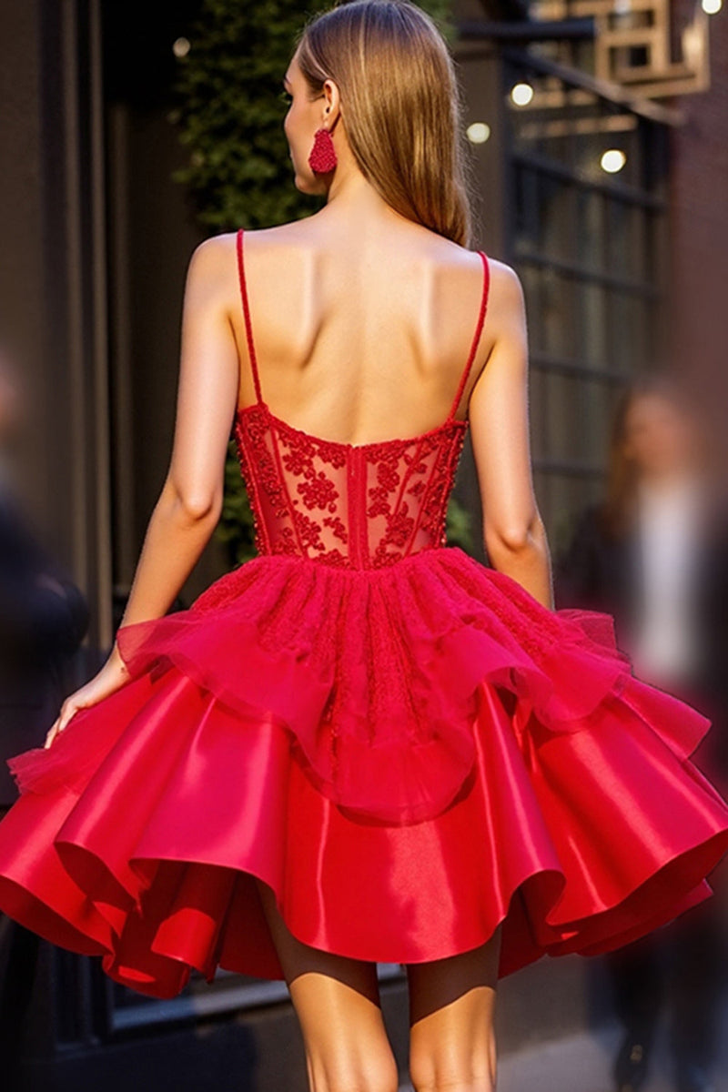 Load image into Gallery viewer, Red Short Corset Prom Dress with 3D Flowers