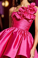 Load image into Gallery viewer, Fuchsia A Line Floral Satin Short Prom Dress with Ruffles
