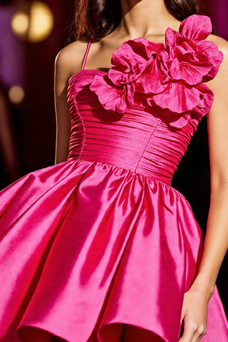 Load image into Gallery viewer, Fuchsia A Line Floral Satin Short Prom Dress with Ruffles
