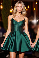 Load image into Gallery viewer, Dark Green A Line Short Satin Prom Dress with Beading